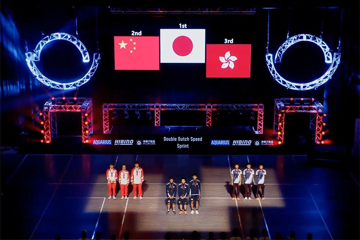 港隊出戰世界跳繩錦標賽決賽時,屏幕顯示的區旗被指與官方設計有數處出入。(世界跳繩錦標賽直播截圖)