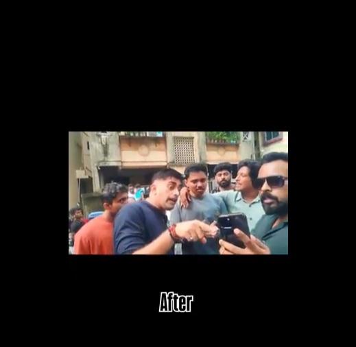 愛狗群眾找男子(灰色上衣)對質,向他展示虐狗影片。(互聯網)