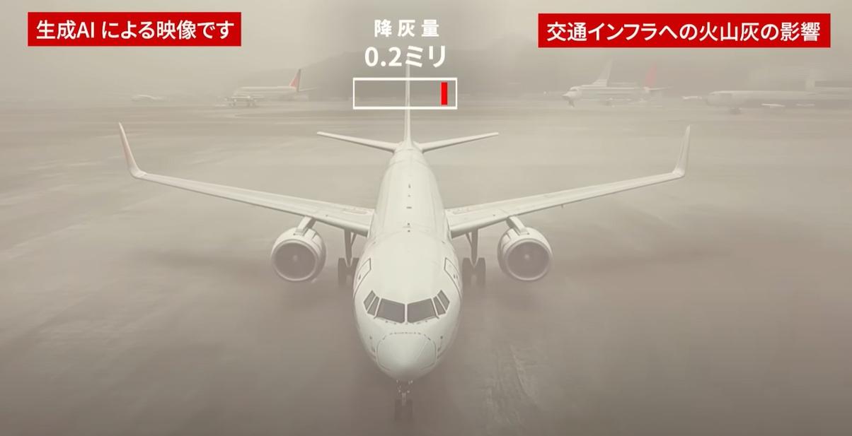 AI模擬富士山大爆發影片中,富士山噴出大量火山灰並積聚,航空交通受影響。(互聯網)