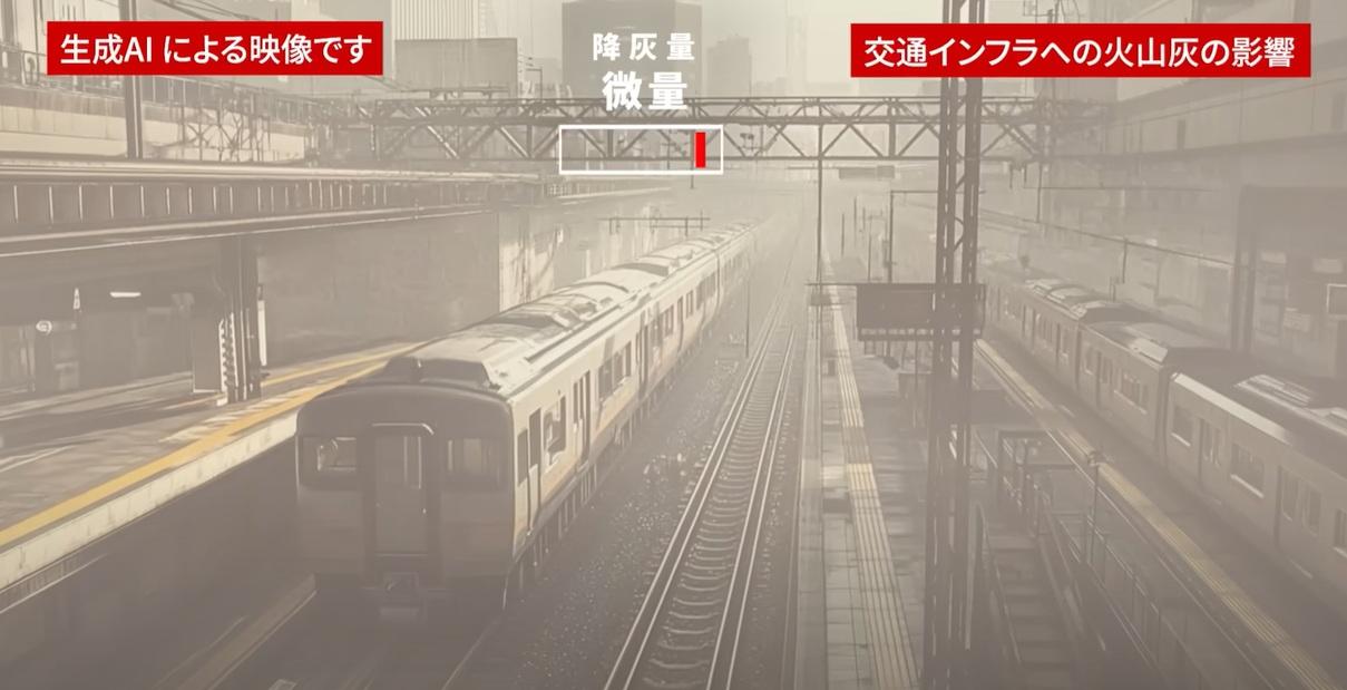 AI模擬富士山大爆發影片中,富士山噴出大量火山灰並積聚,陸路交通受影響。(互聯網)