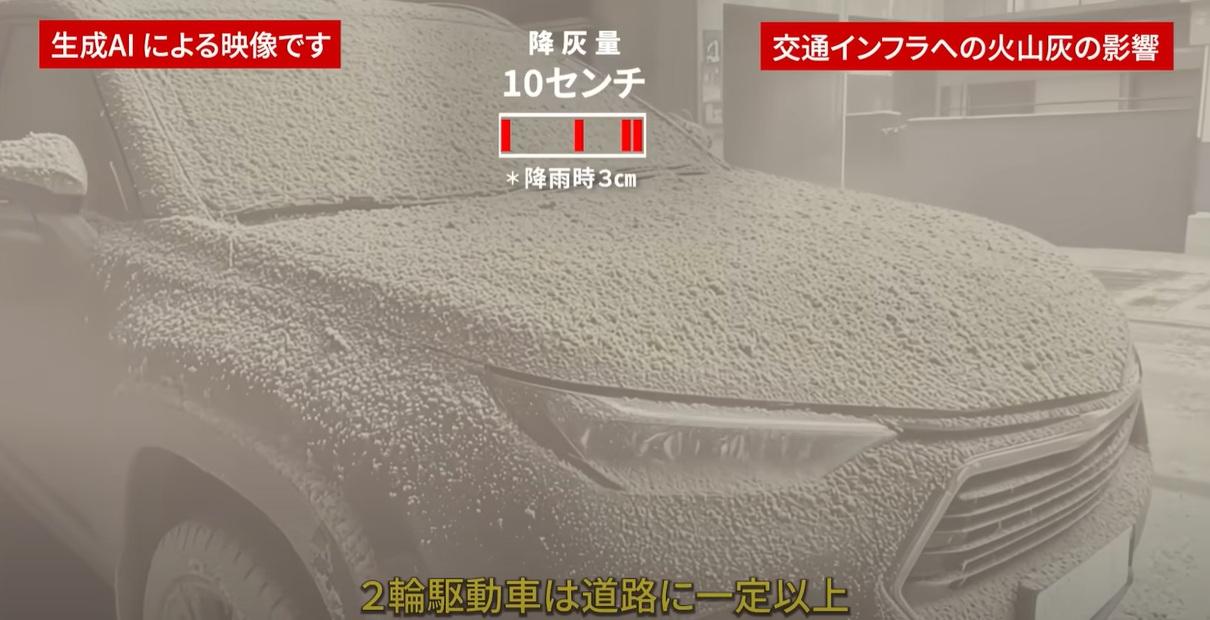 AI模擬富士山大爆發影片中,富士山噴出大量火山灰,覆蓋車輛。(互聯網)