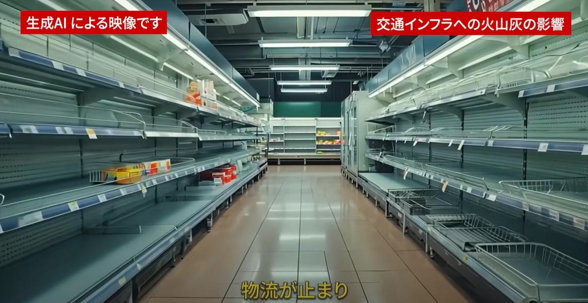 AI模擬富士山大爆發影片中,富士山噴出大量火山灰,影響物流。(互聯網)