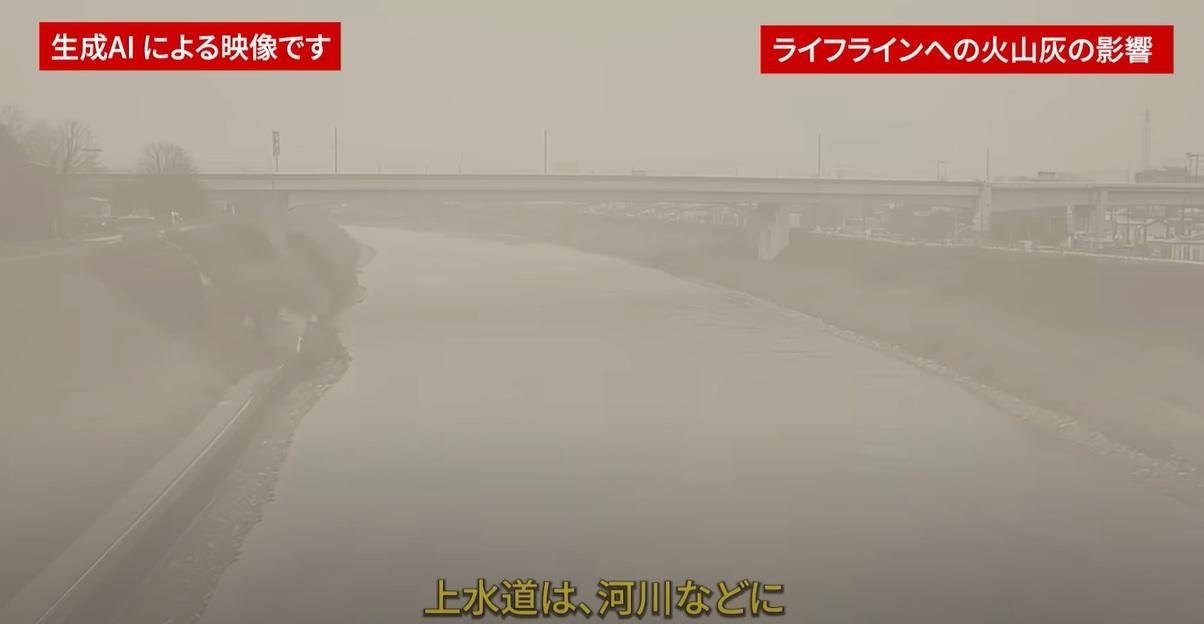 AI模擬富士山大爆發影片中,富士山噴出大量火山灰,污染水源。(互聯網)