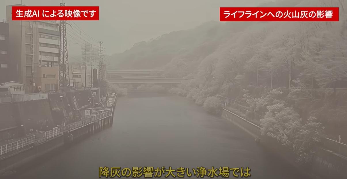 AI模擬富士山大爆發影片中,富士山噴出大量火山灰,污染水源。(互聯網)