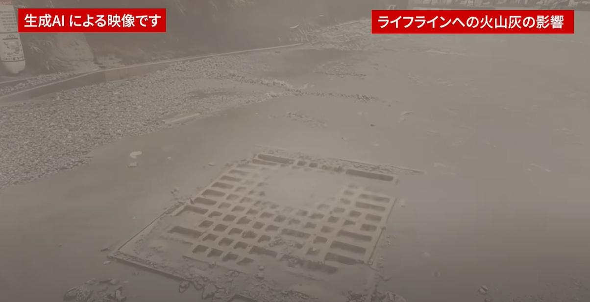 AI模擬富士山大爆發影片中,富士山噴出大量火山灰,阻塞下水道。(互聯網)