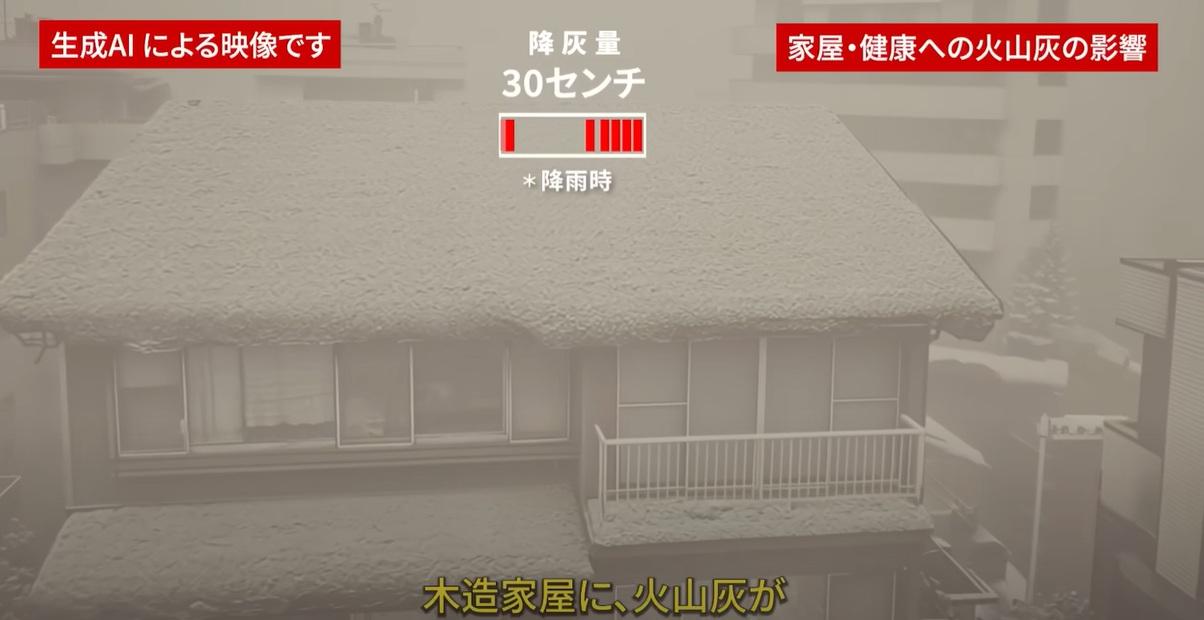AI模擬富士山大爆發影片中,富士山噴出大量火山灰,影響房屋結構。(互聯網)