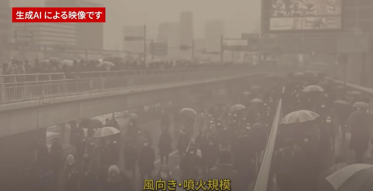 AI模擬富士山大爆發影片中,富士山火山灰籠罩東京。(互聯網)