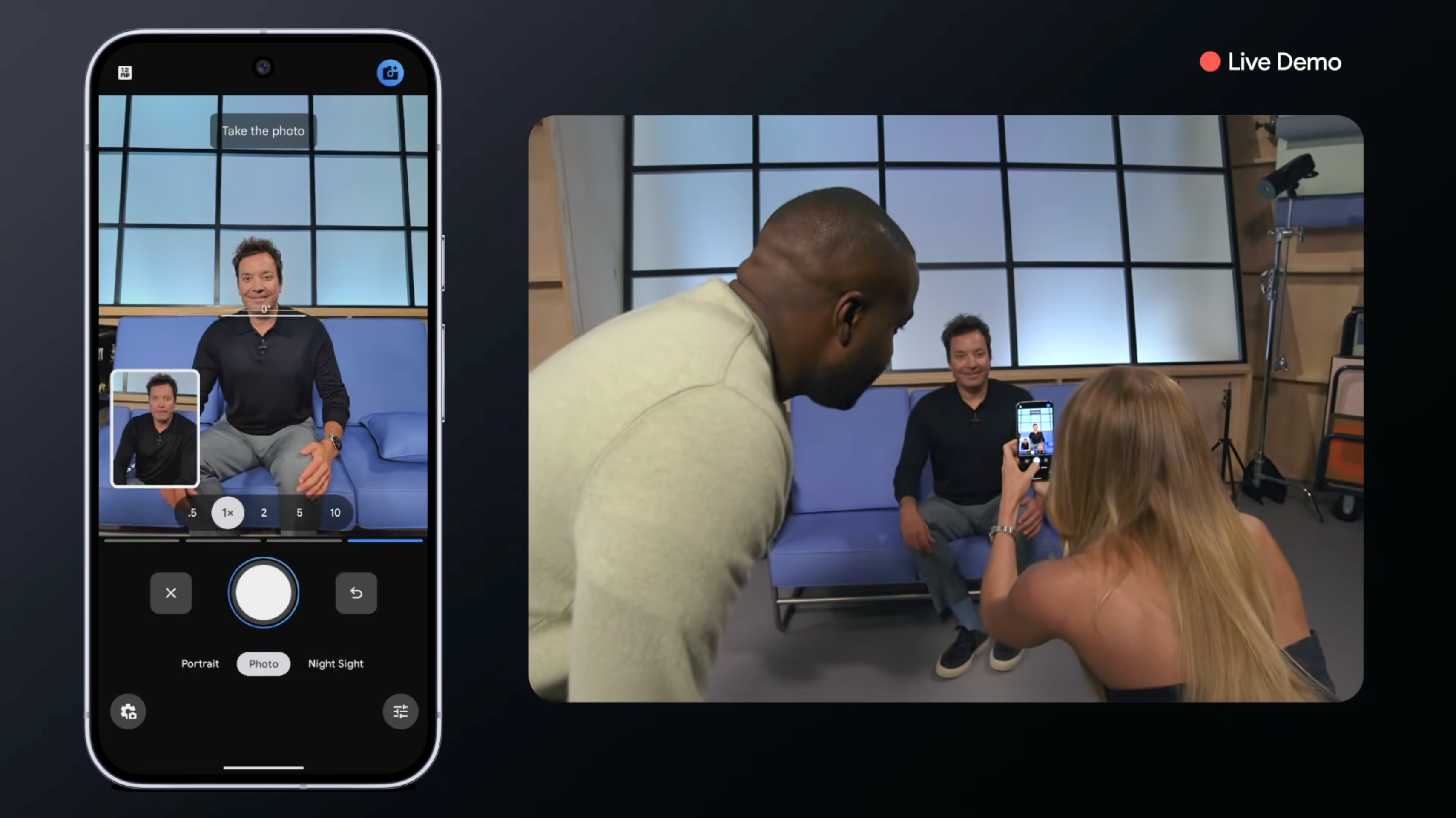 Made by Google中Jimmy Fallon試用「拍照指導」功能。