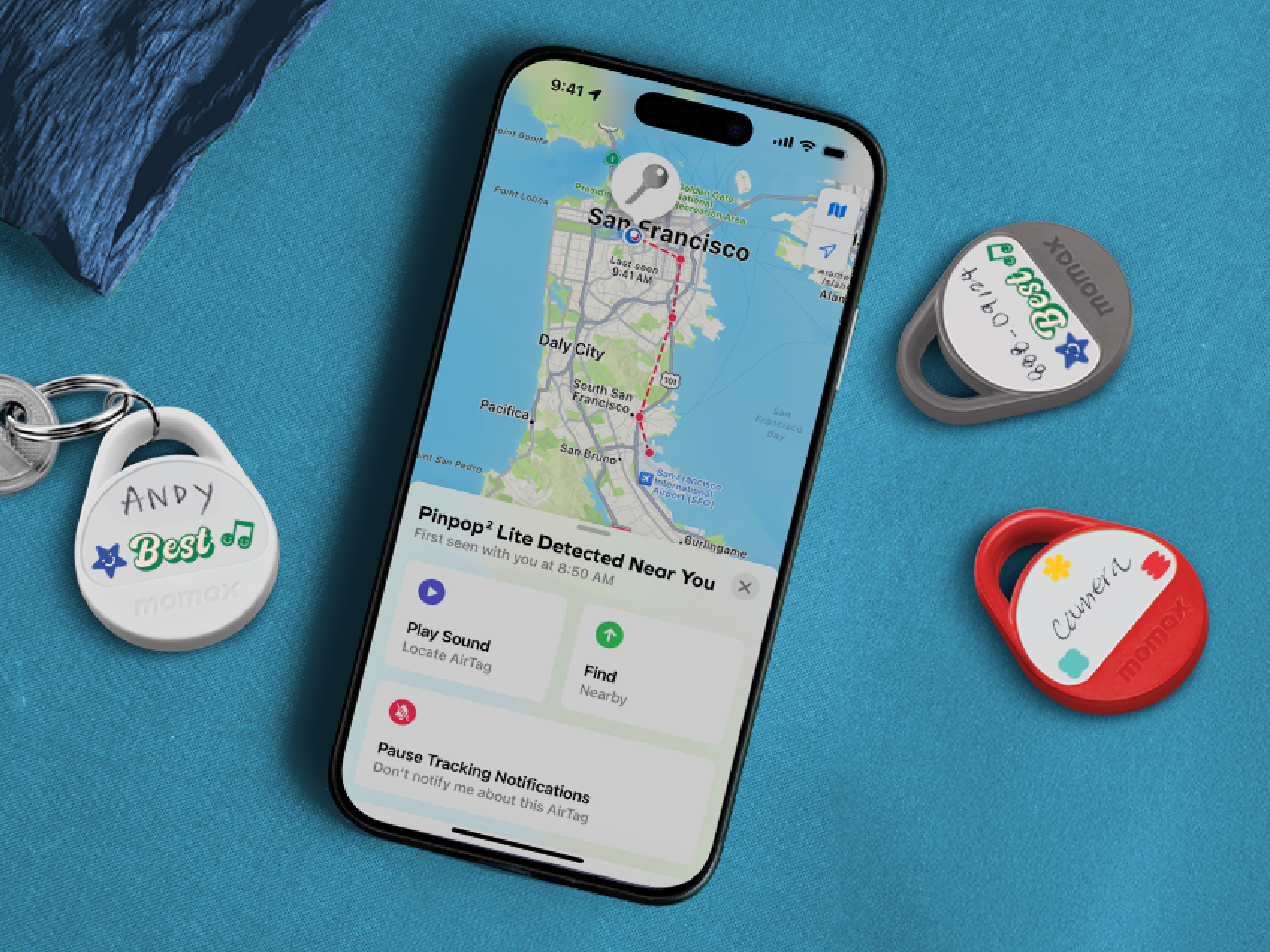 Momax Pinpop² Lite全球定位器可兼容iPhone及Android手機。