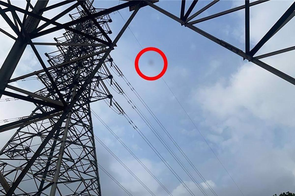 一名男子被發現懸吊在離地20層樓高電纜上,初步判斷他已沒有生命跡象。(《中天新聞網》圖片)