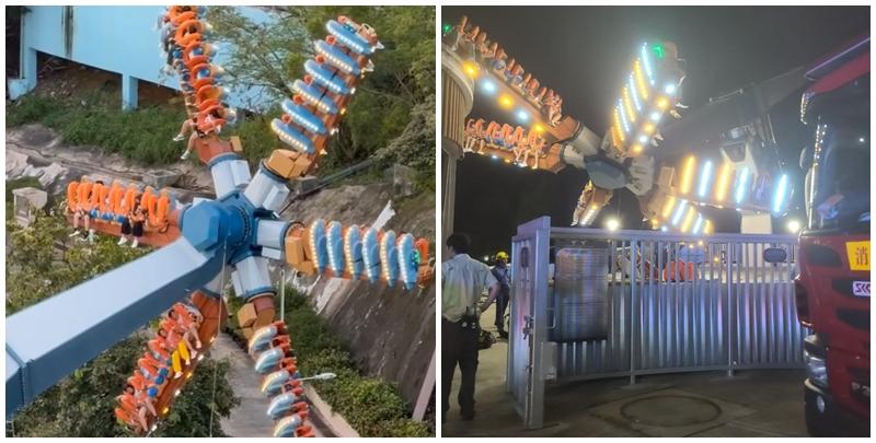 海洋公園機動遊戲「狂野龍捲風」昨日(10日)傍晚突然停頓,17人一度被困雙腳懸半空被困近2小時,消防人員協助營救。(Threads)