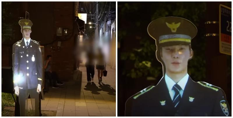 南韓首爾警方為減低犯罪率,在一個治安黑點公園設置投影警察「站崗」,警方表示設置裝置後,公園周邊犯罪率較同年下降22%(影片截圖)