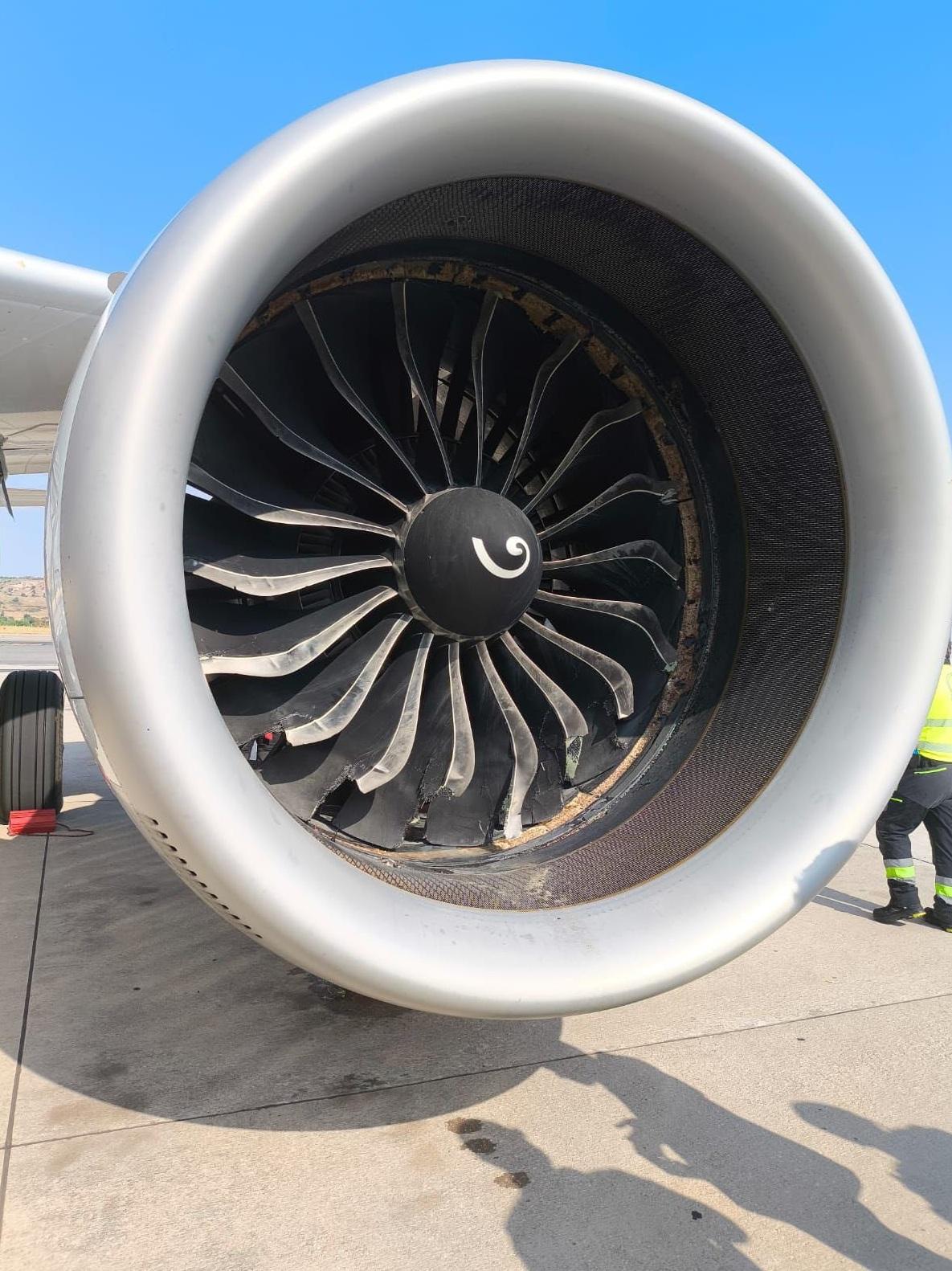 野鳥被吸入左引擎,幾片風扇葉片亦受損。。(互聯網)