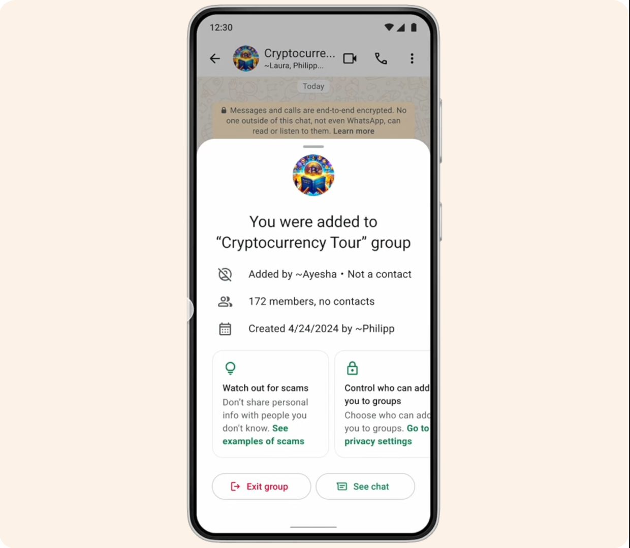 WhatsApp將加入新功能,當用戶被加入沒有聯絡人在內的新群組,會自動提示用戶。
