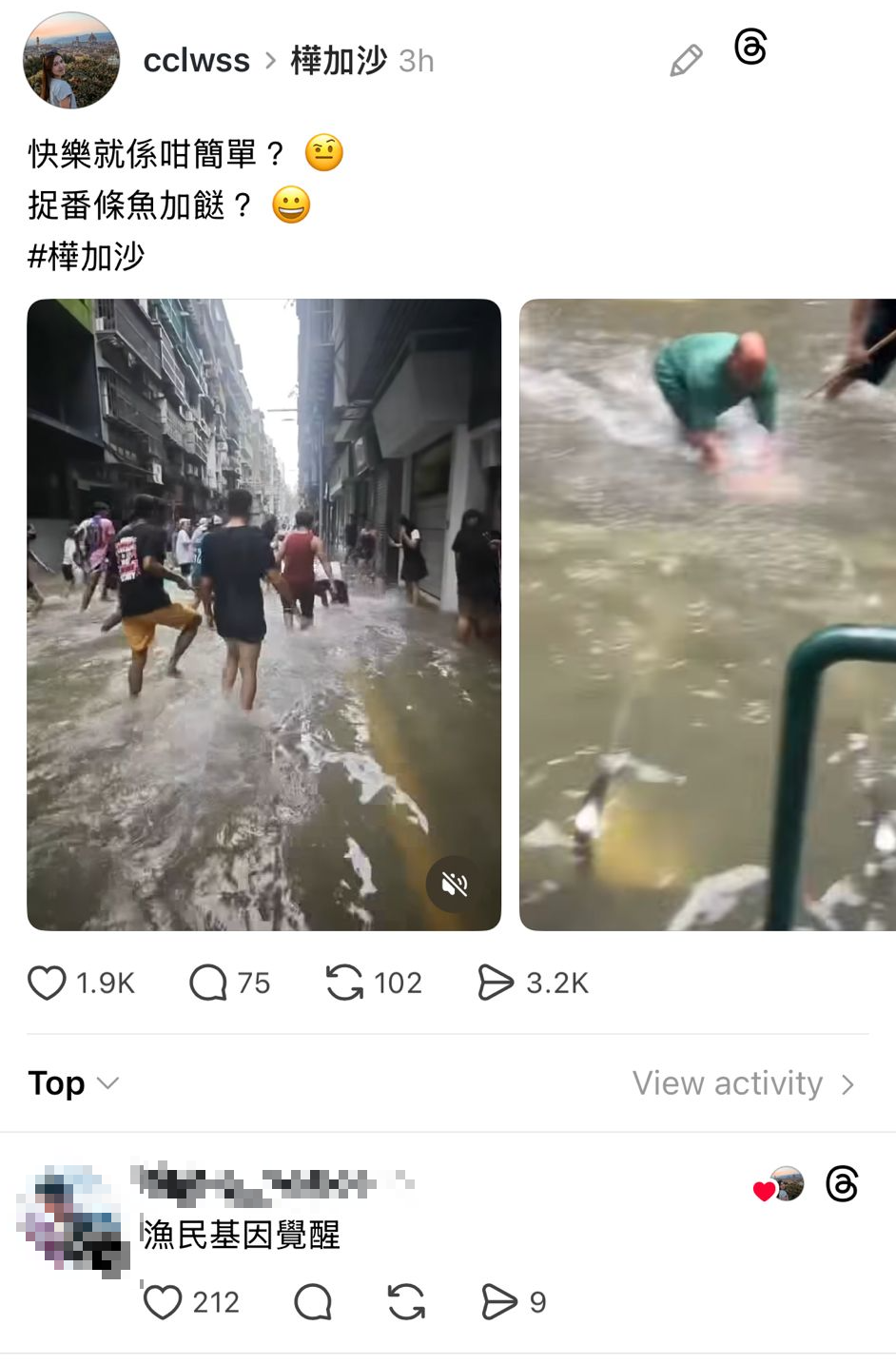 Threads網民上載的短片顯示,澳門街頭上演「捉魚挑戰賽」。(cclwss@Threads)
