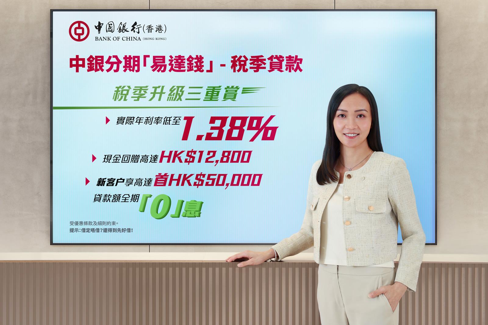 中銀香港推稅季貸款優惠,實際年利率低至1.38%,新客享首5萬「0」息。(中銀香港提供)