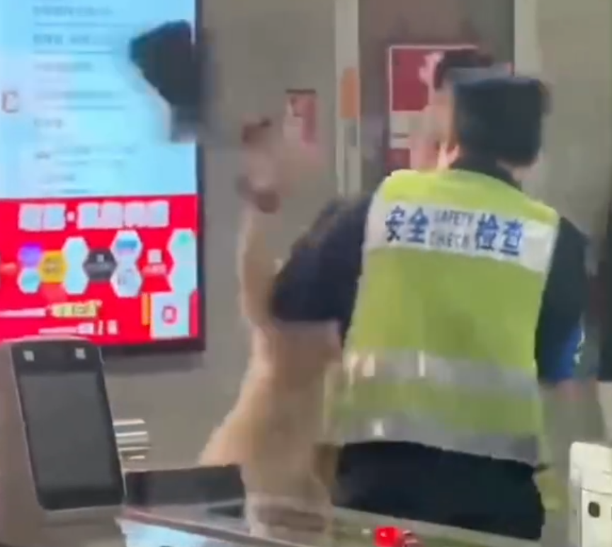 深圳地鐵女乘客以拳頭及手袋激烈追打一名的男安檢員,男方僅用手阻擋及後退,其後另外一名女安檢員上前制止,亦被女乘客用手袋重擊頭部。男安檢員隨即反手擒拿將女乘客制服,隨後女乘客躺臥在地不動。(影片截圖)