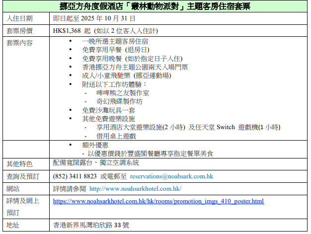 挪亞方舟度假酒店「叢林動物派對」主題客房住宿套票詳情
