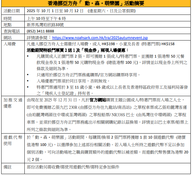 香港挪亞方舟「 動・森・萌樂園」活動詳情