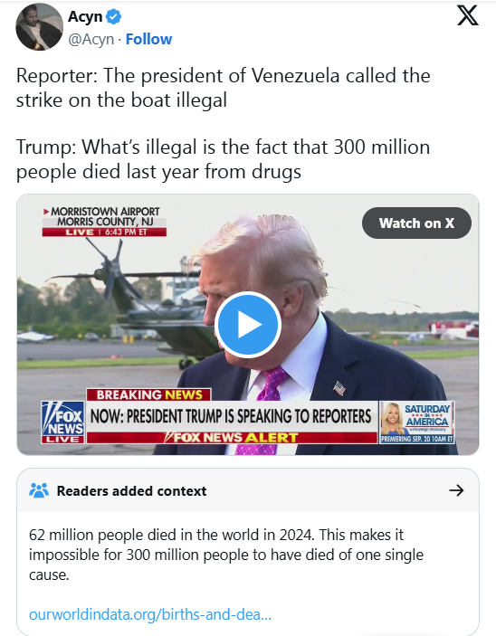 美國人口3.42億 特朗普:去年3億人死於毒品!?