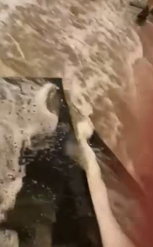 颱風樺加沙|香港富麗敦海洋公園酒店大門玻璃懷疑遭風吹爆,大量潮水湧入室內。(影片截圖)