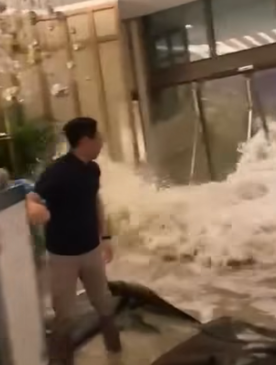 颱風樺加沙|香港富麗敦海洋公園酒店大門玻璃懷疑遭風吹爆,大量潮水湧入室內。(影片截圖)