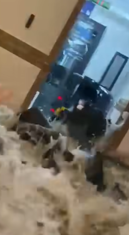 颱風樺加沙|香港富麗敦海洋公園酒店大門玻璃懷疑遭風吹爆,大量潮水湧入室內。(影片截圖)