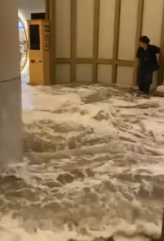 颱風樺加沙|香港富麗敦海洋公園酒店大門玻璃懷疑遭風吹爆,大量潮水湧入室內。(影片截圖)