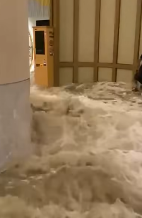 颱風樺加沙|香港富麗敦海洋公園酒店大門玻璃懷疑遭風吹爆,大量潮水湧入室內。(影片截圖)
