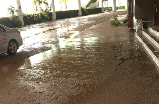 富麗敦海洋公園酒店穿梭巴士的上落位置,仍然有大量沙泥並夾雜石塊,有待清理(港台圖片)