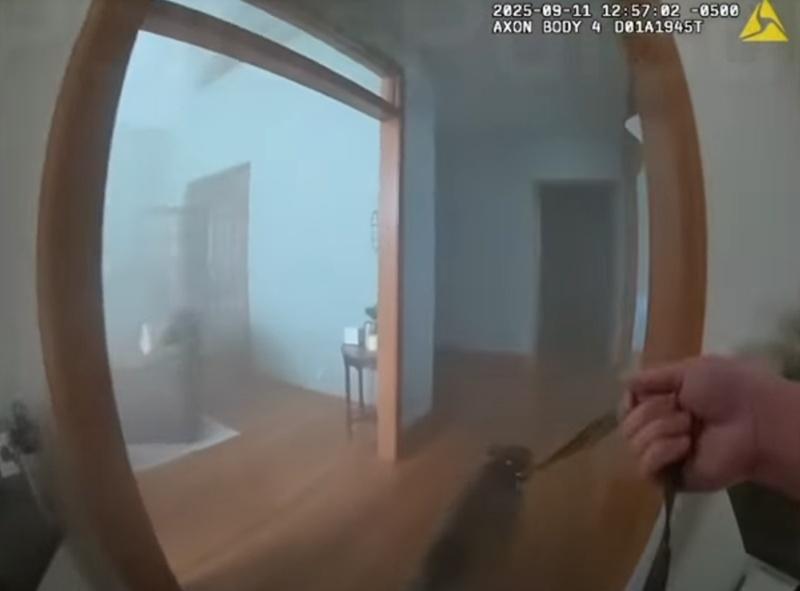 待牽引繩一扣好,一人一狗隨即迅速逃離火場。(FB)