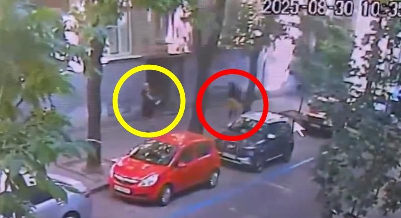 槍手(紅圈)提著袋子打扮如外送員,尾隨從他眼前經過的Andriy Parubiy(黃圈)。(X)