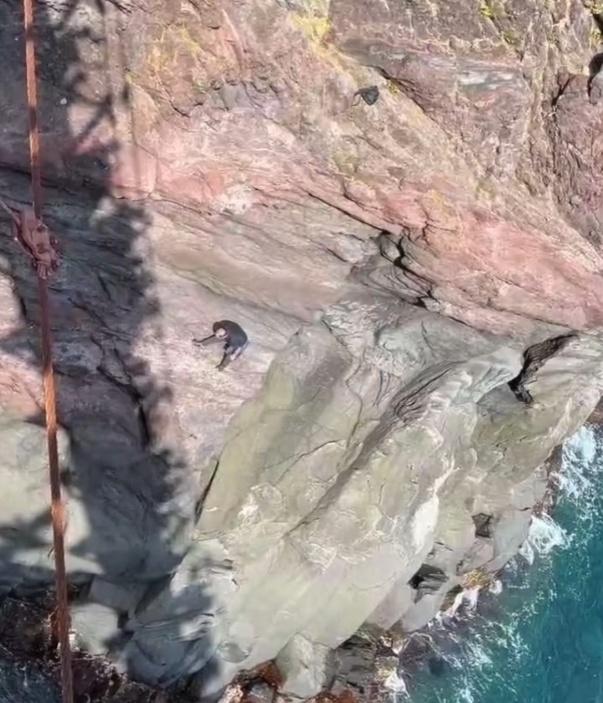 楊先生竟奮不顧身,徒手爬下峭壁落海救人。(微博)