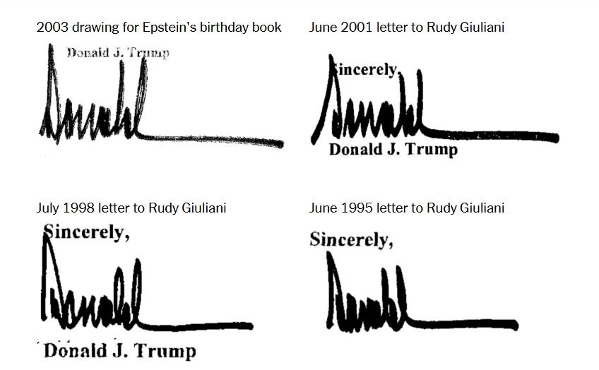 《紐約時報》貼出1995年至2001年特朗普沒帶「Trump」的簽名。(《紐約時報》截圖)