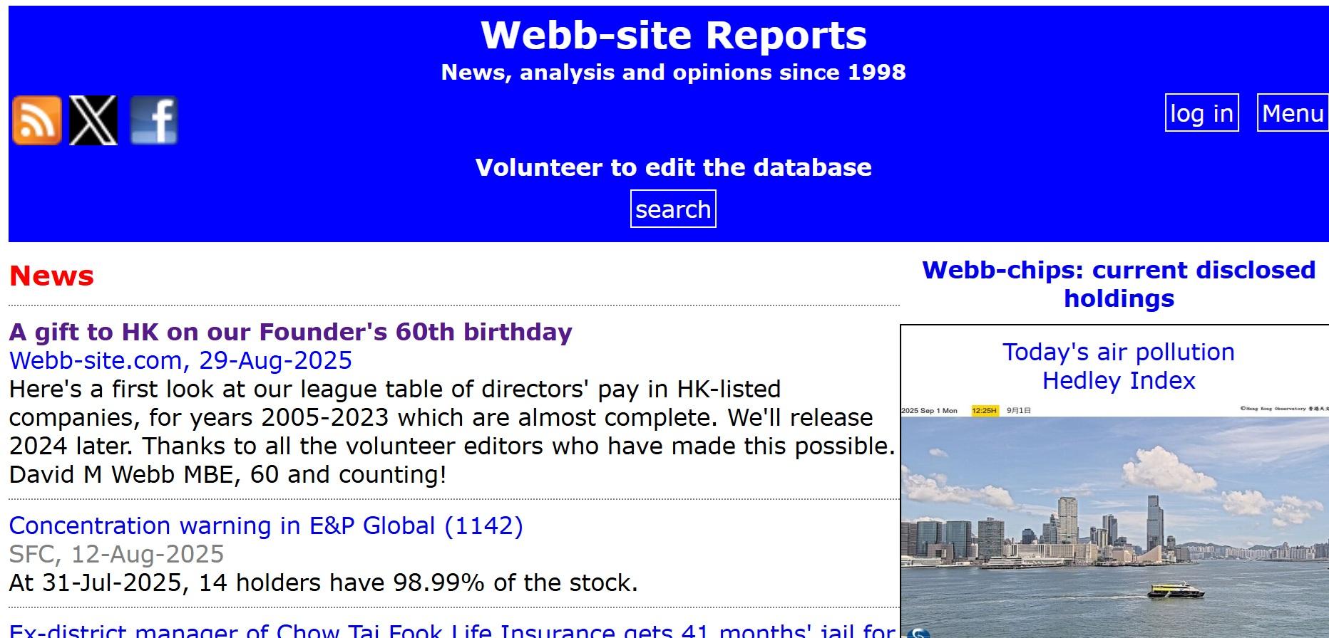 志願團隊表示,將會上載最新數據,以此作為「送給香港的禮物」。(Webb-site截圖)