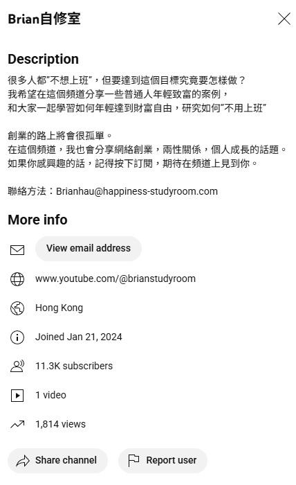 據頻道的介紹中,Brian表明將分享「普通人年輕致富案例」,並研究如何實現「財富自由」與「不用上班」。(網片截圖)