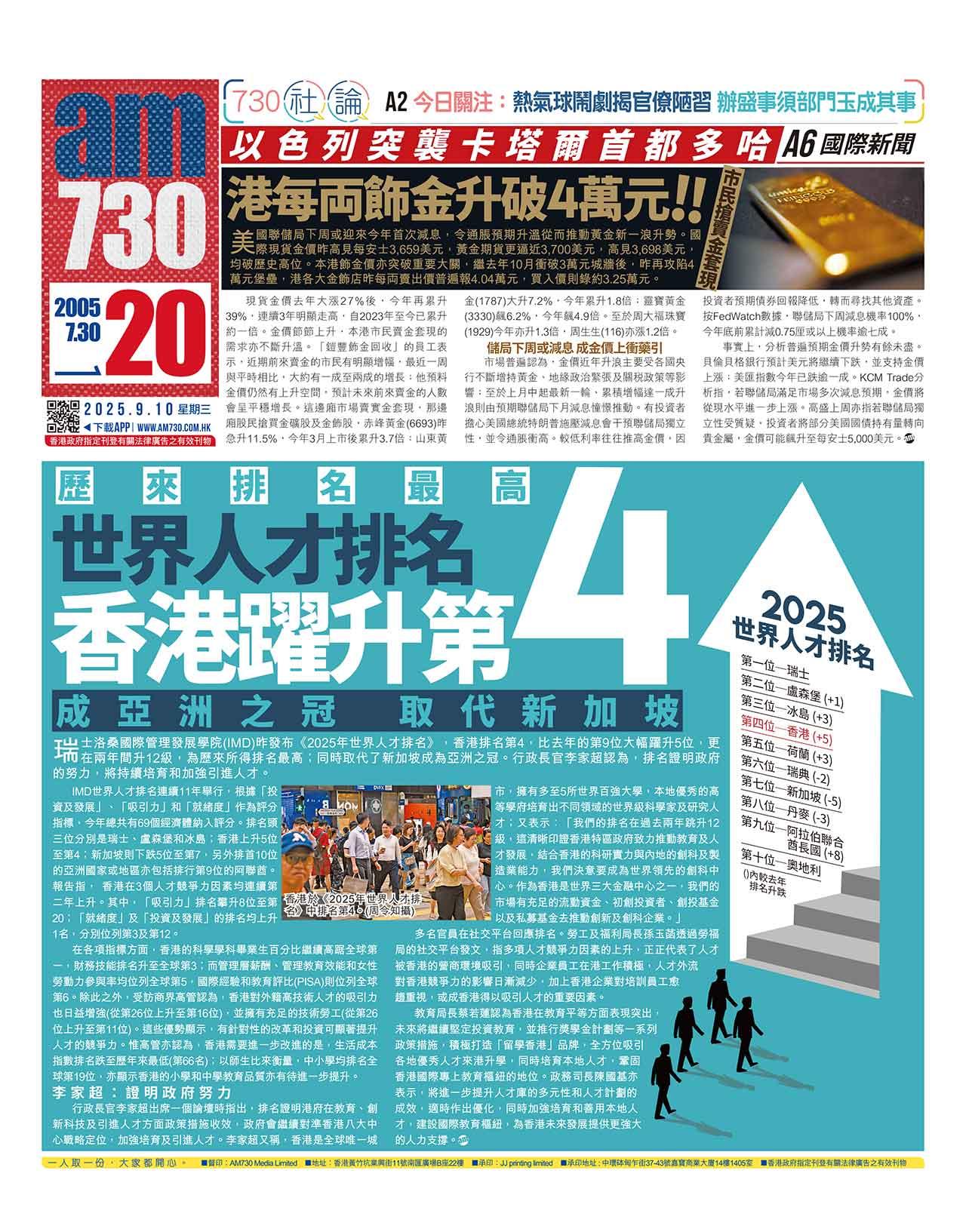 歷來排名最高 世界人才排名香港躍升第4 成亞洲之冠 取代新加坡