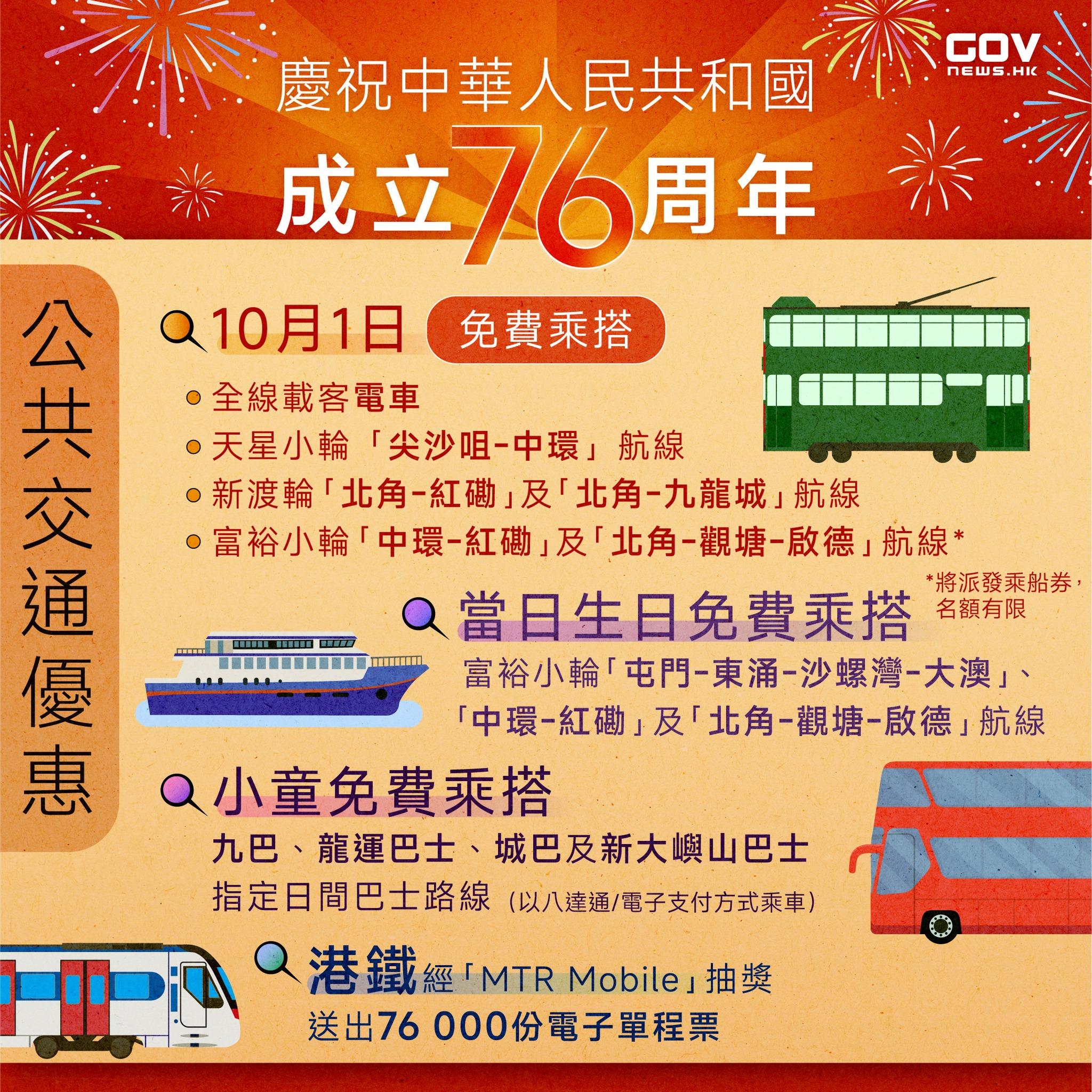 國慶優惠|免費電車/天星小輪及港鐵/巴士等(添馬台)