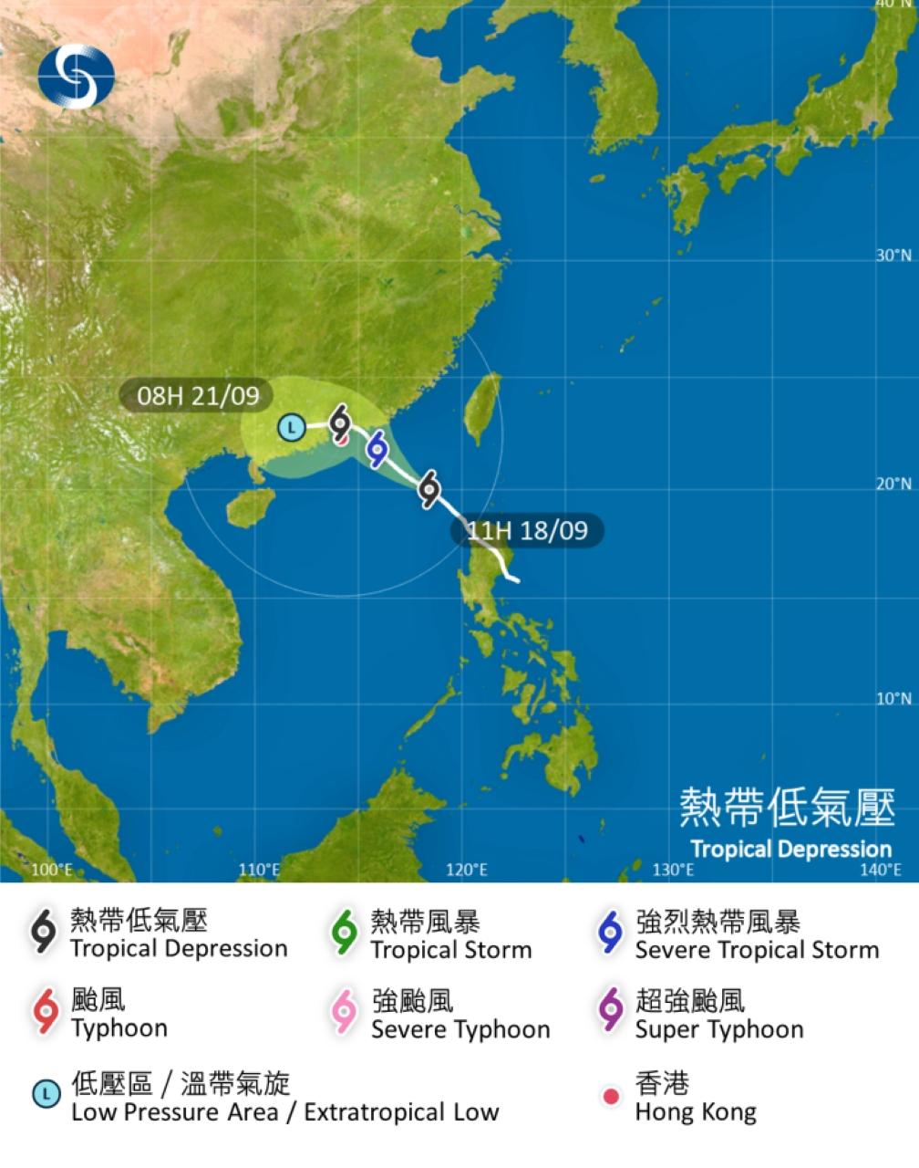 打風|位於呂宋的熱帶氣旋周六及周日料接近香港,9月18日早上11時資料。(香港天文台)