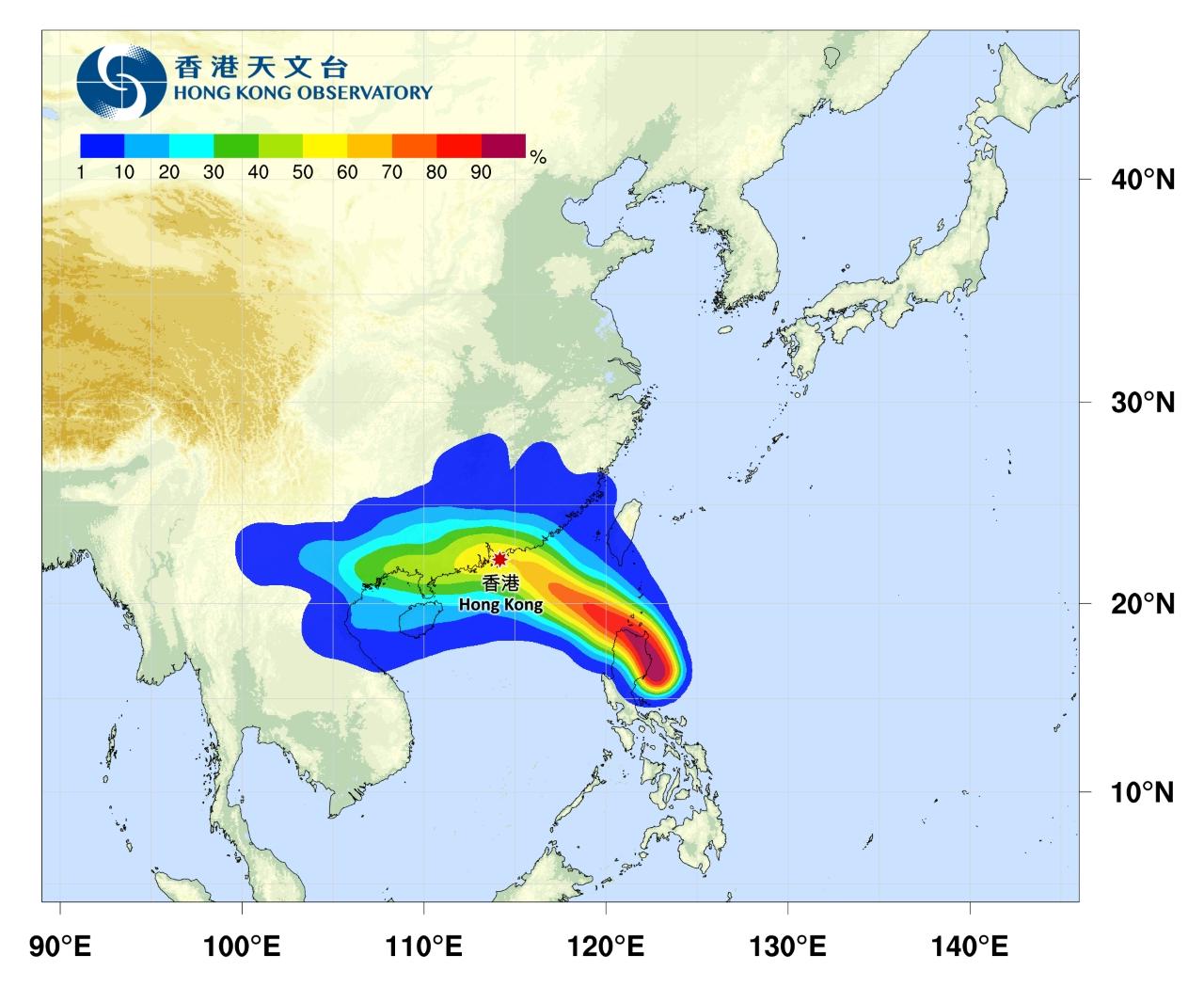 打風|熱帶氣旋路徑概率預報,9月17日更新。(香港天文台)