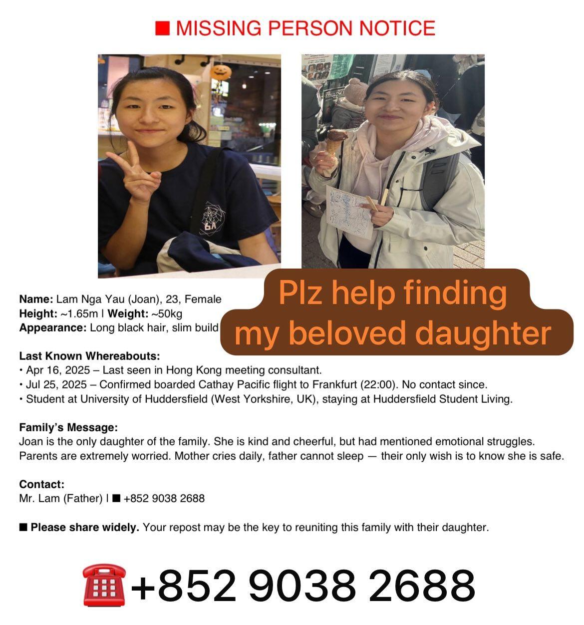 23歲女留學英國失聯後揭已辦退學,家人網上發帖尋人。(Threads)