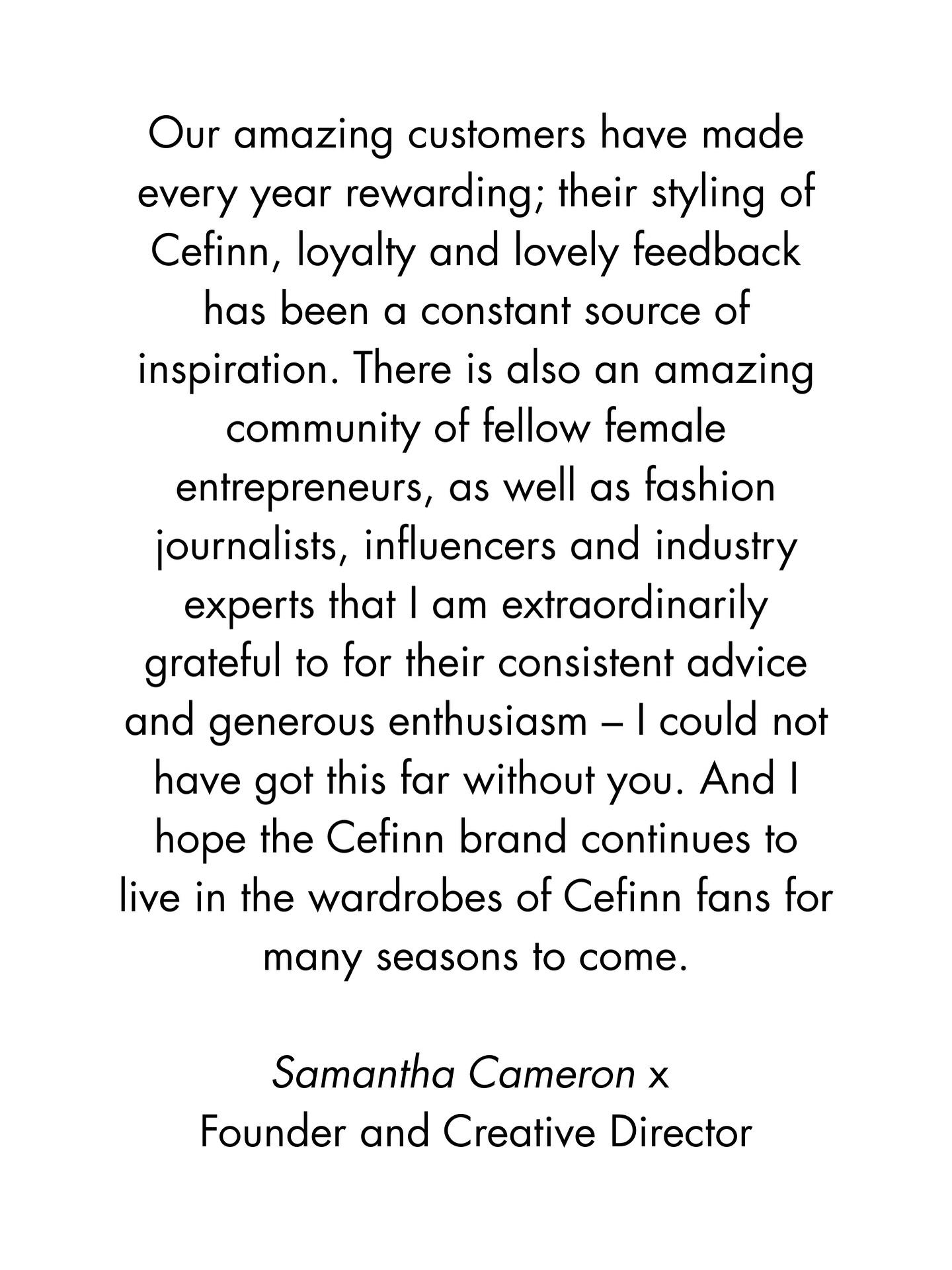 薩曼莎(Samantha Cameron)在FB宣布公司將會結業。(Cefinn FB)