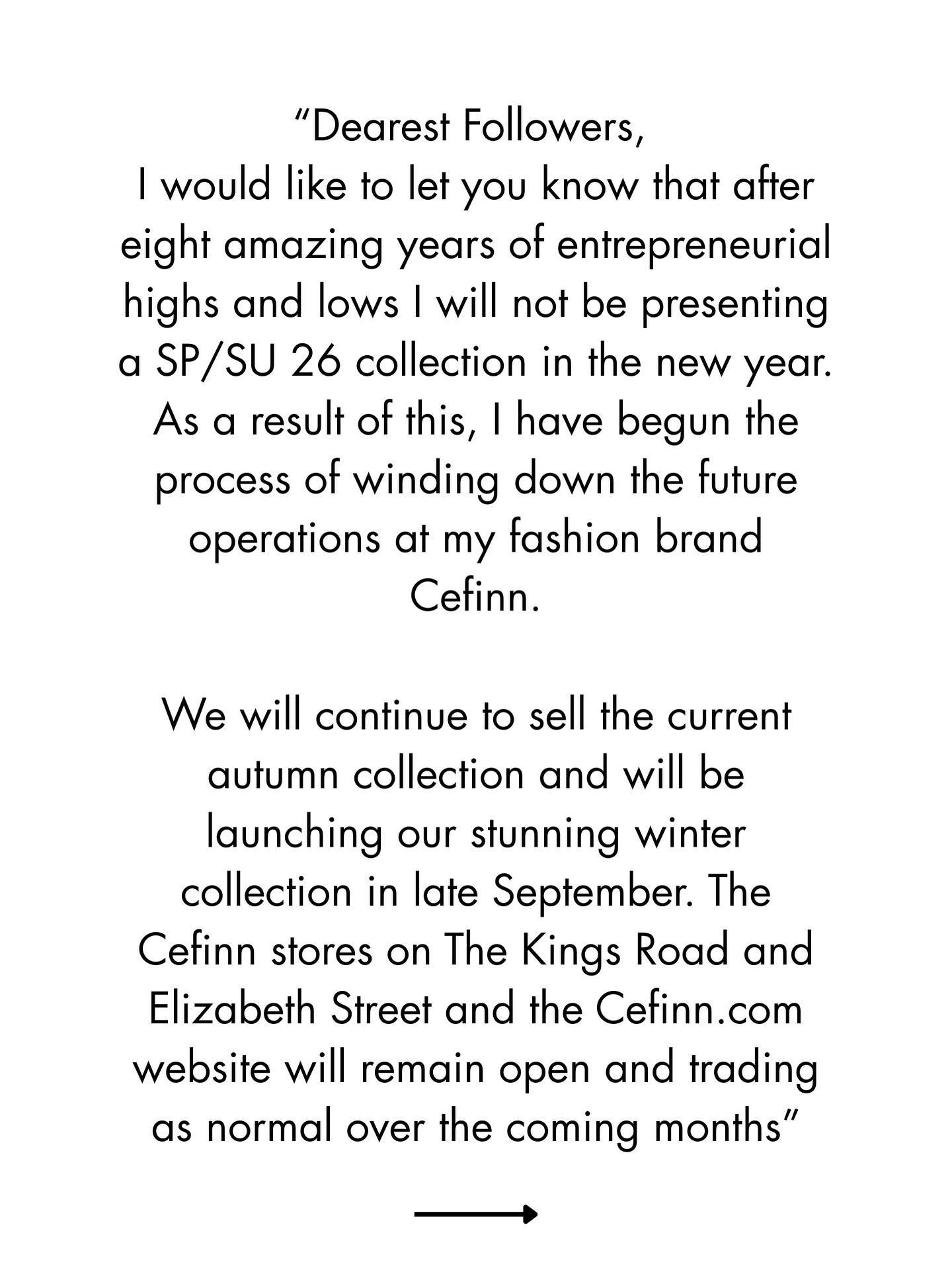 薩曼莎(Samantha Cameron)在FB宣布公司將會結業。(Cefinn FB)