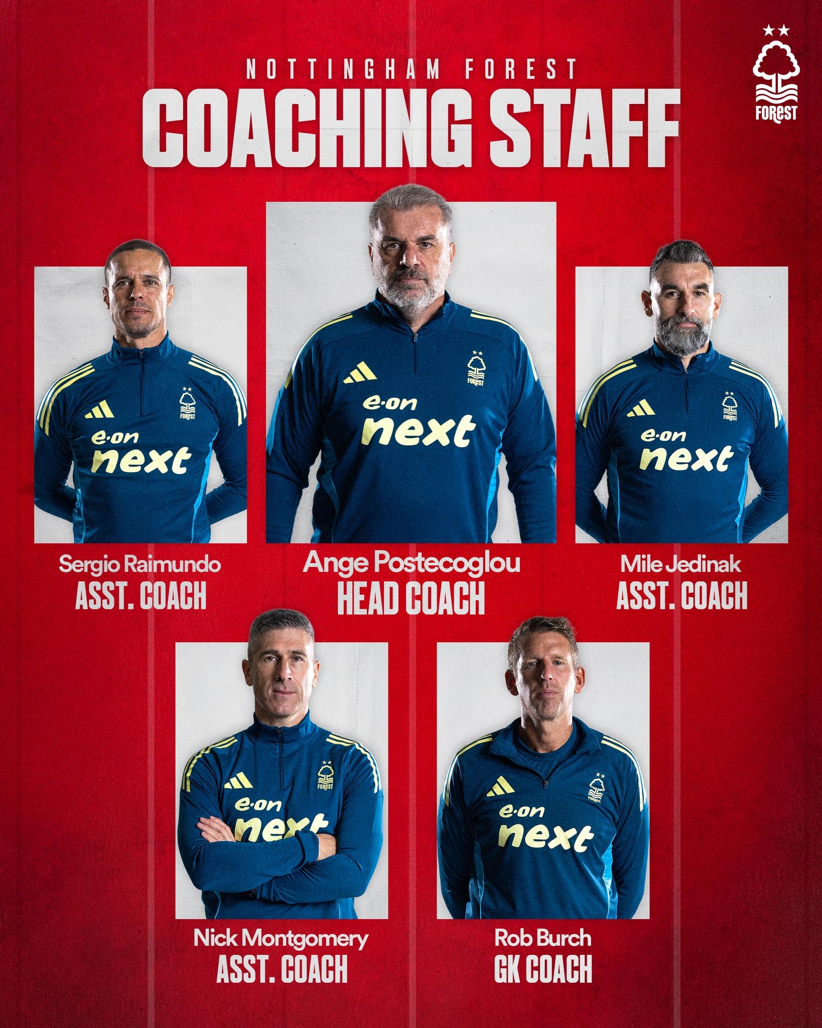 前熱刺領隊普斯迪古路(Ange Postecoglou)的森林教練團,包括前澳洲國腳積甸拿克(Mile Jedinak)。