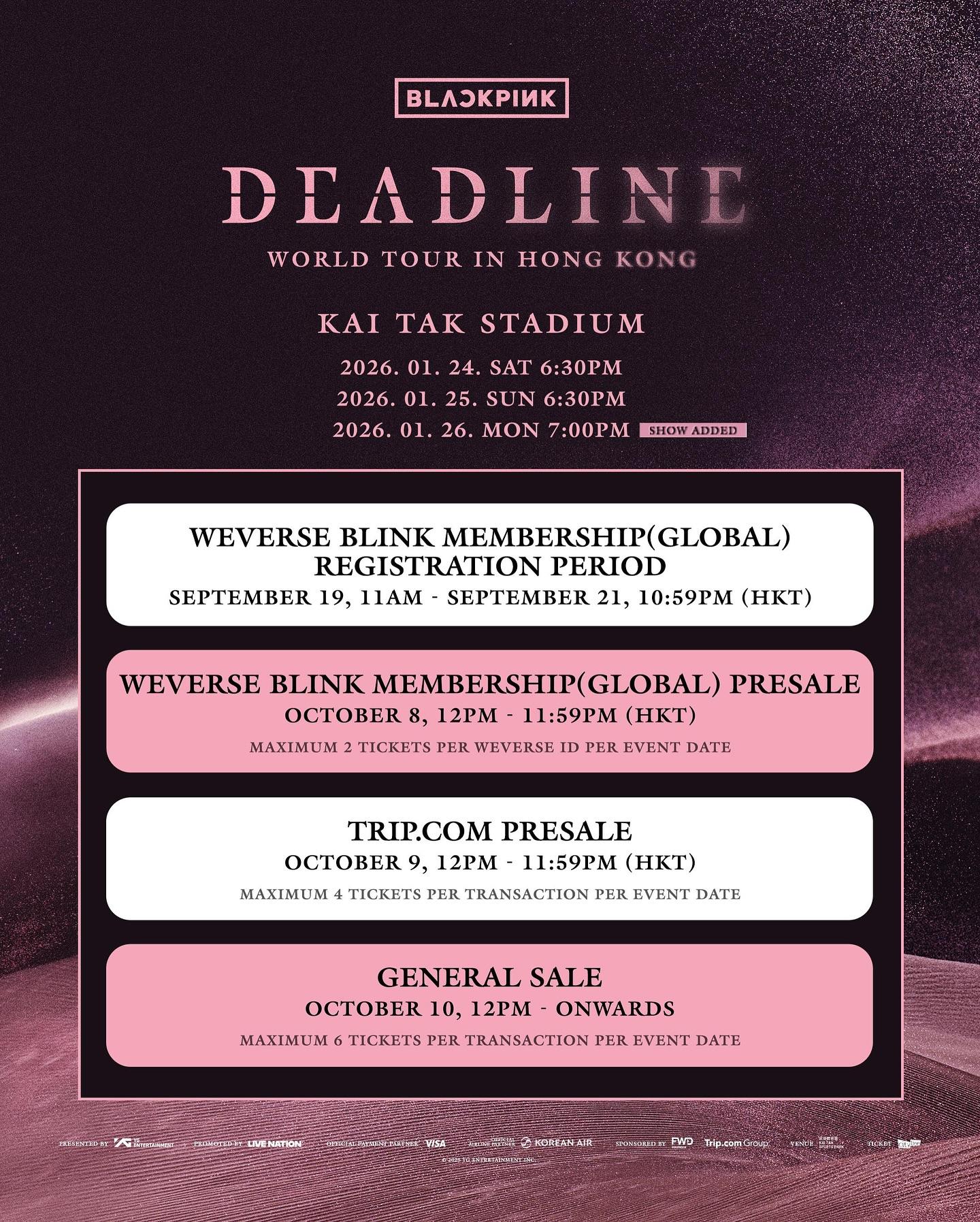 BLACKPINK世巡香港站今日宣布加開1月26日。