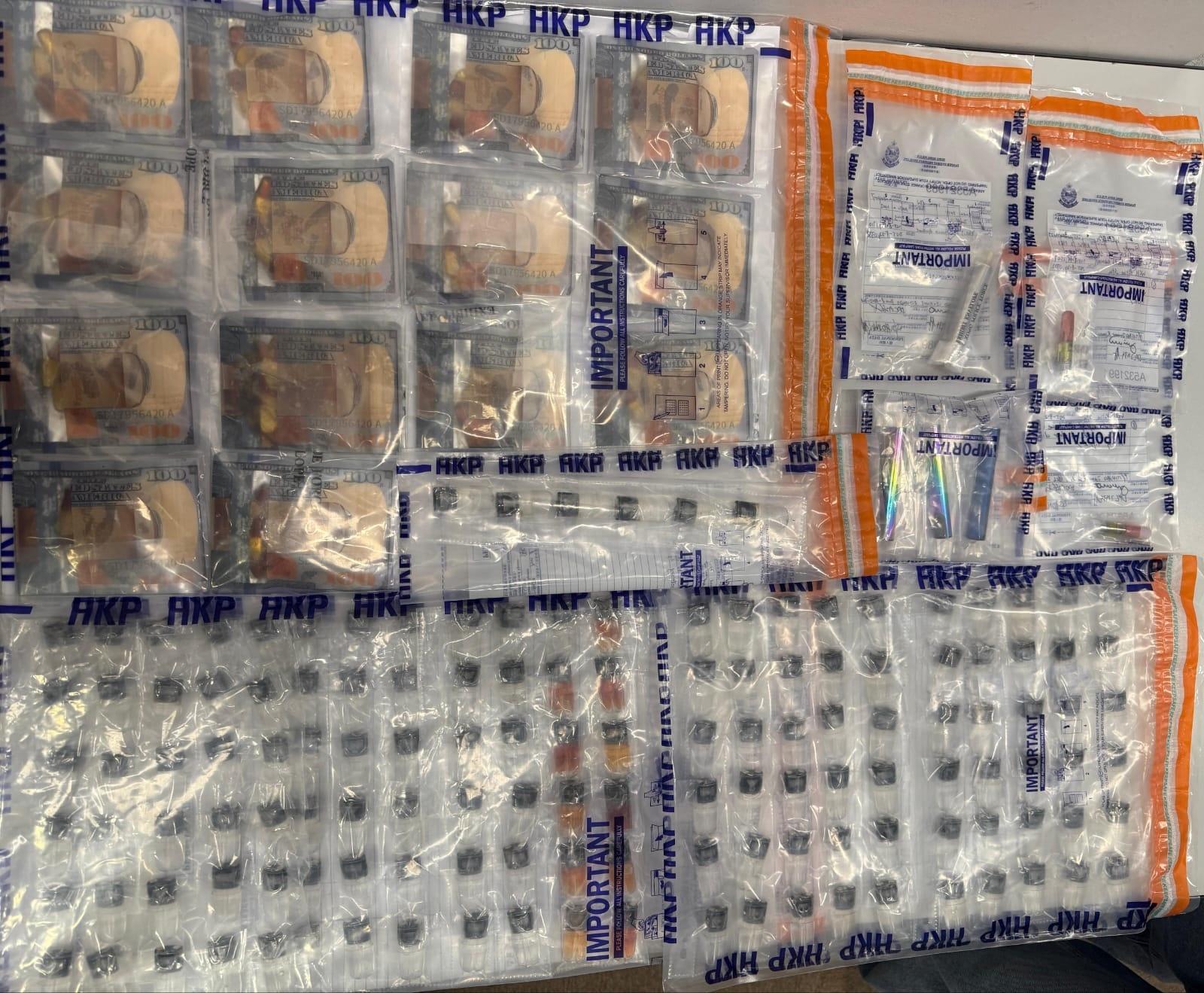 警港島反黑搜賭檔賣淫場所,檢逾28萬元毒品拘86人。(警方圖片)