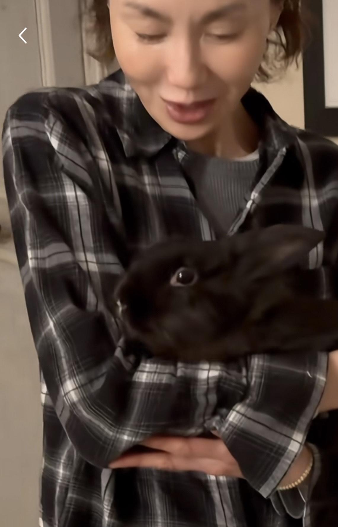 張曼玉溫柔地抱兔仔,愛心爆棚。