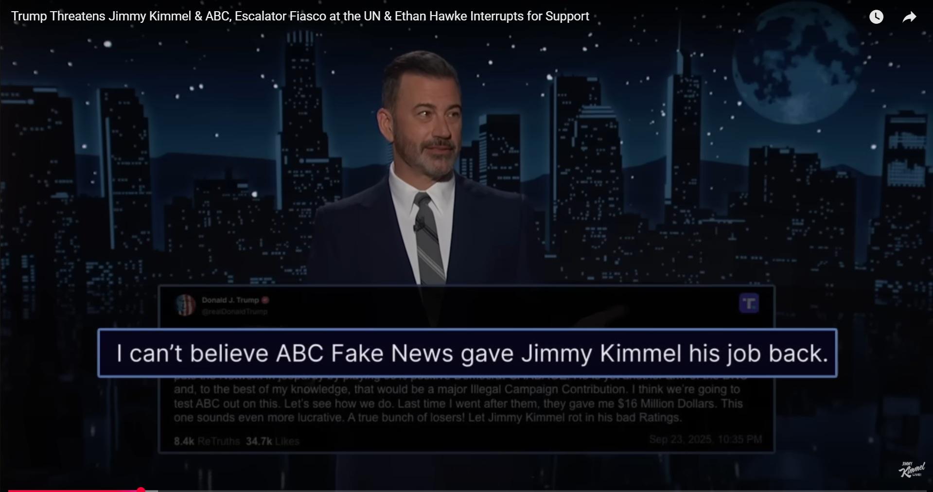 Jimmy Kimmel在節目中沒有收口,繼續抨擊特朗普對他的打壓。