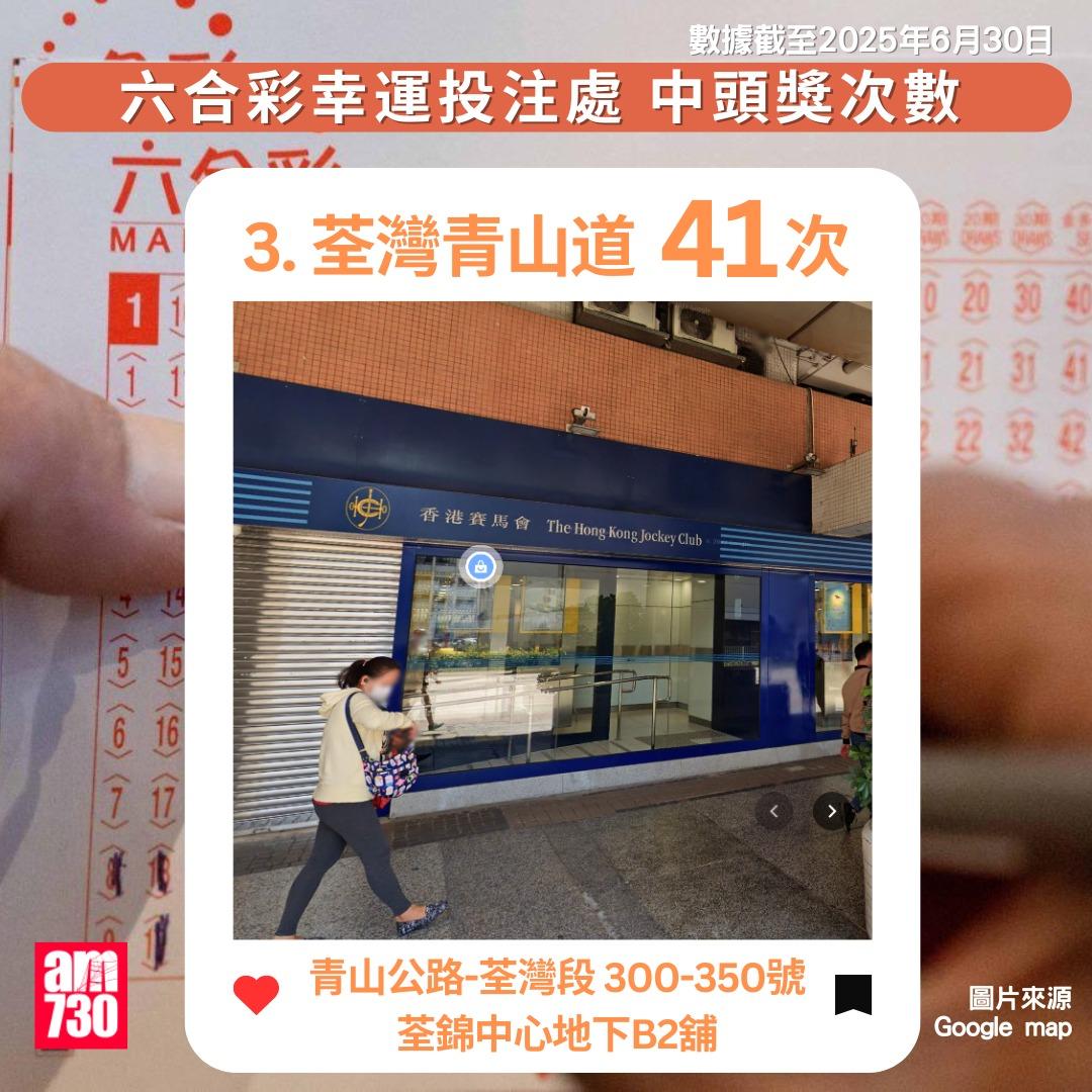 六合彩十大幸運投注站(數據截至2025年6月30日)|3.荃灣青山道(am730製圖)