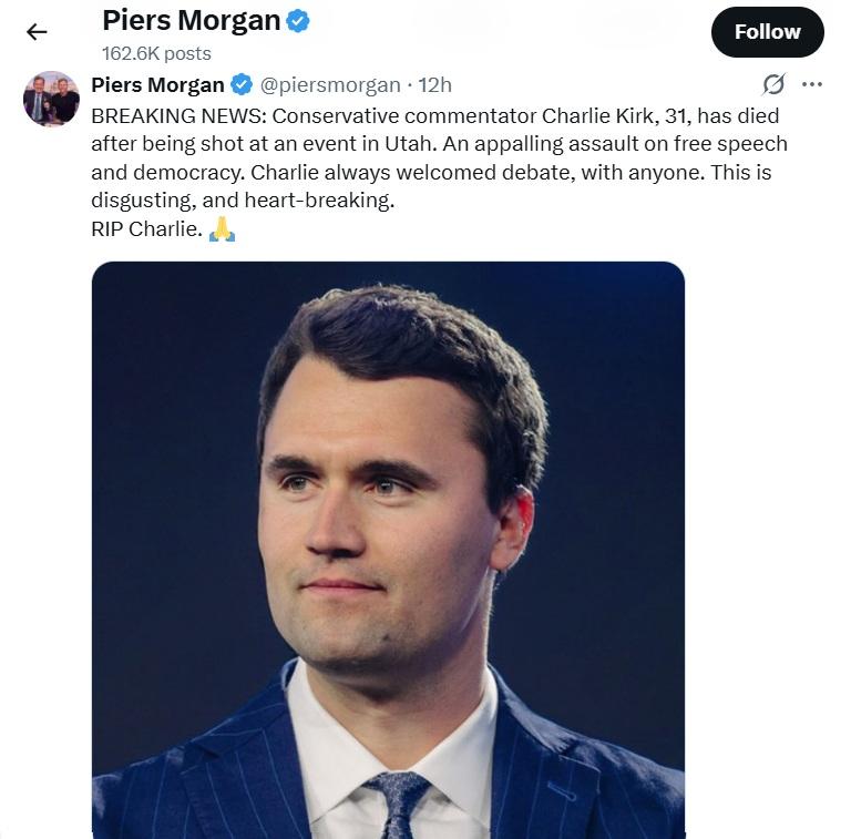 Piers Morgan今日續後的發文,批評網民拿柯克的死來玩笑。